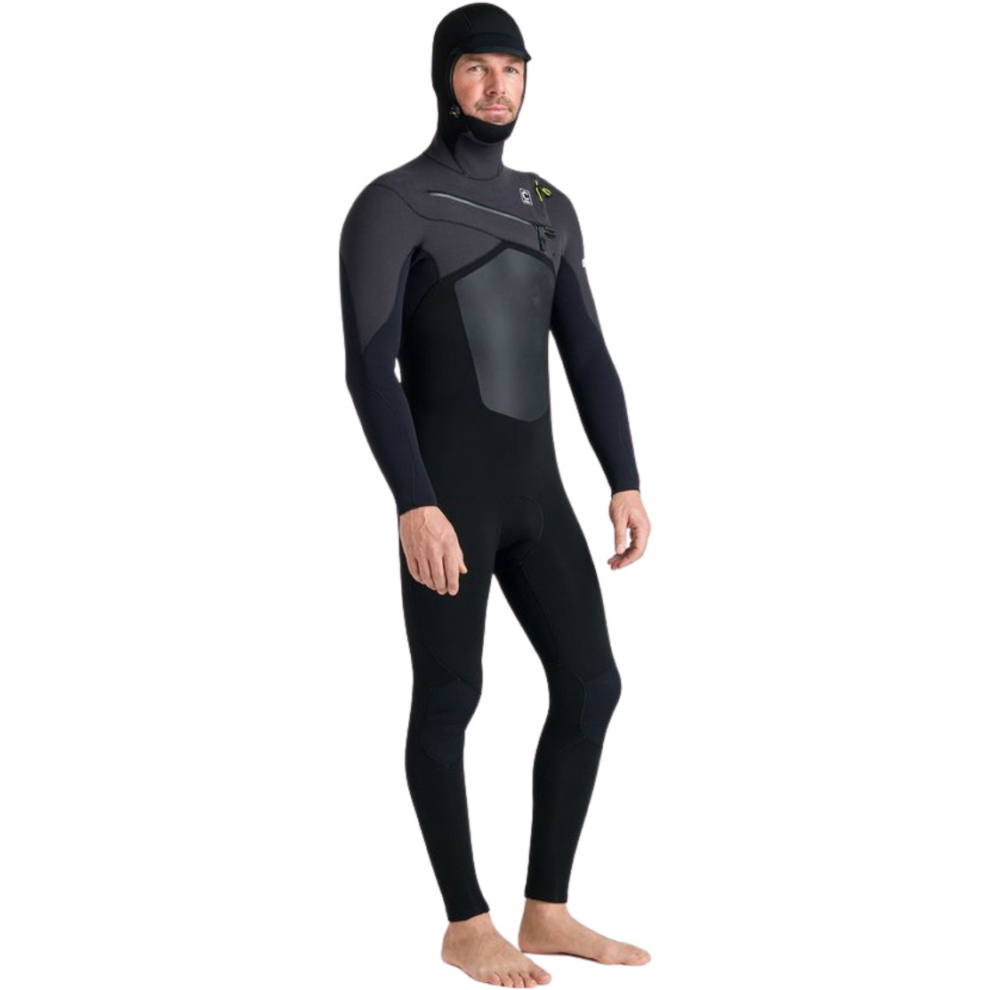 2026 C-Skins Mens Nuwave Rewired 5/4mm Hooded Chest Zip Wetsuit CRW54MH - Black / Meteor / Lime